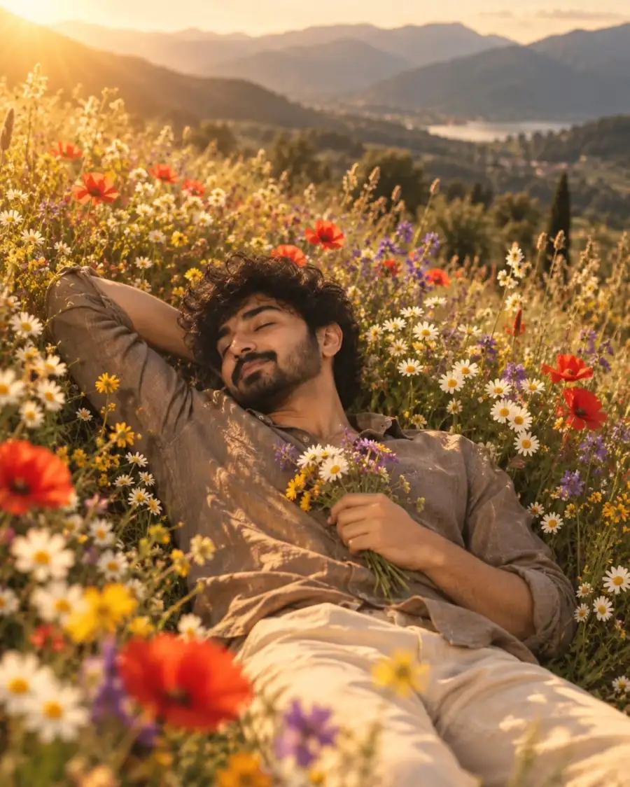 Boys  Lying On His Back In A Lush Wildflower Prompts