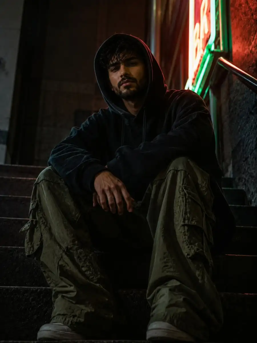 Boys Sitting On Dark Urban Stairs Editing  Prompts - AI photo editing prompt image