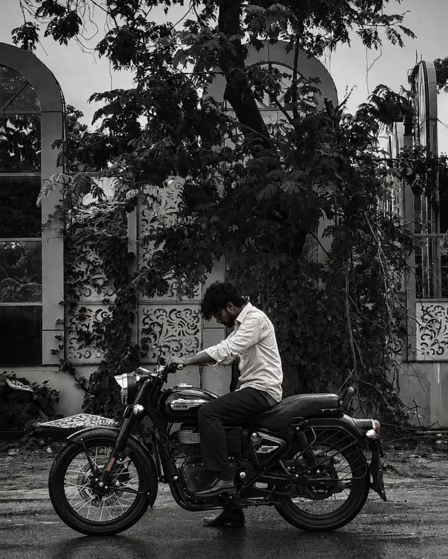 Chatgpt Boys Sitting Classic Royal Enfield Motorcycle Prompt - AI photo editing prompt image