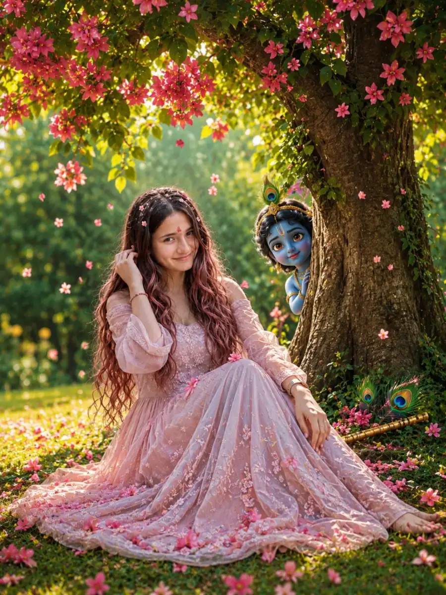 Chatgpt Girl Krishna Cartoon Behind Tree Prompts - AI photo editing prompt image