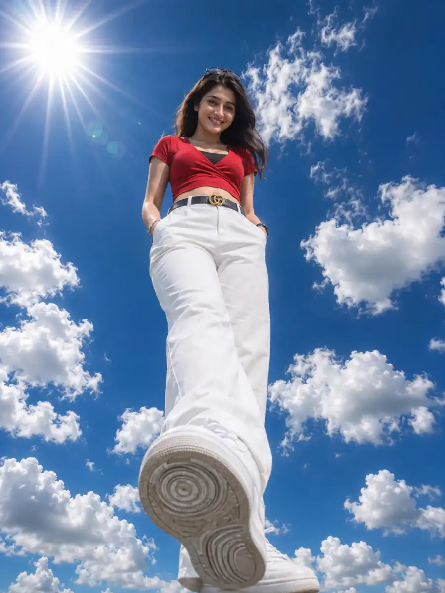 Chatgpt Girl Low Angle BLUE Sky Editing Prompts - AI photo editing prompt image