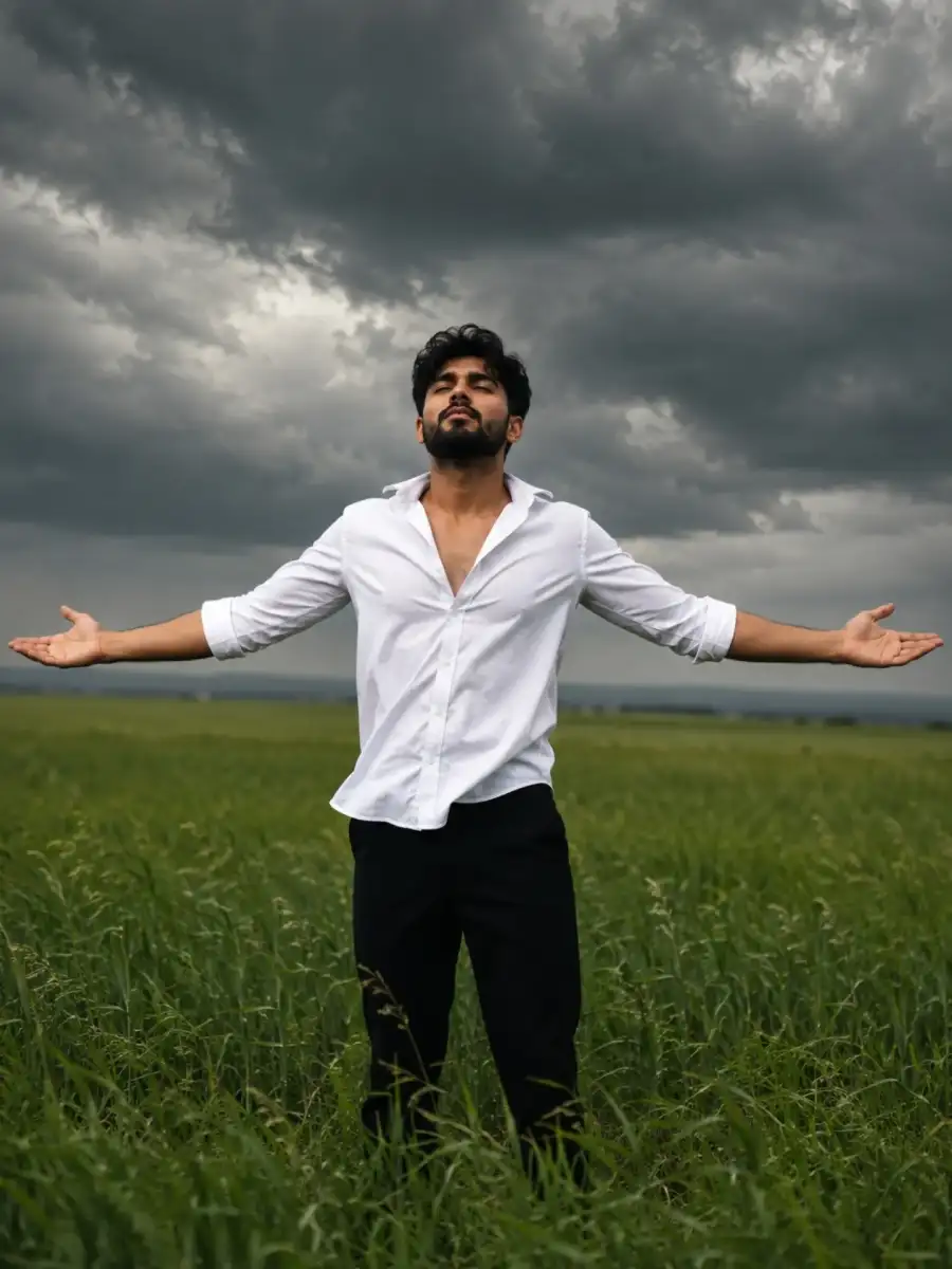 Chatgpt  Man Standing In A Vast Open Filed Dark Sky Prompts - AI photo editing prompt image