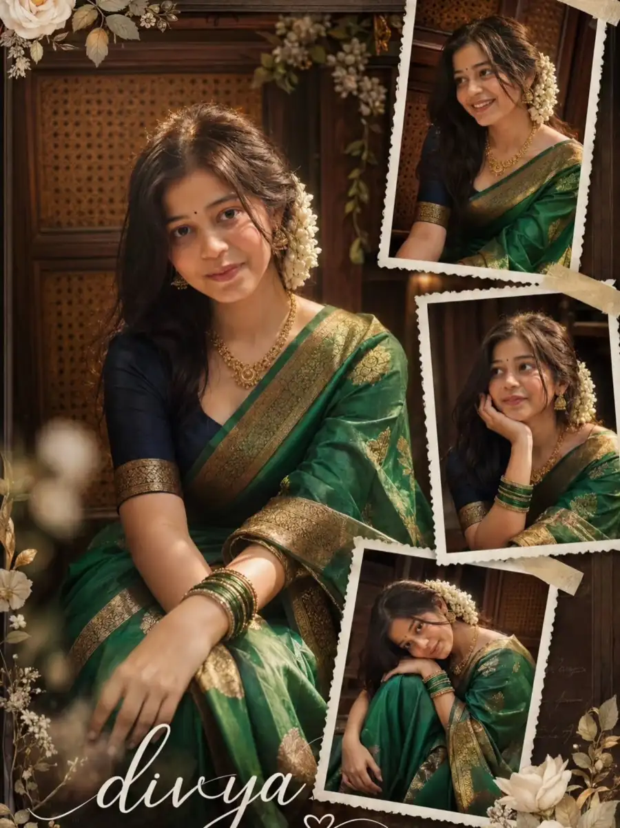 Collage Girl Wearing A Traditional Green Silk Saree Prompts Collage Girl Wearing A Traditional Green Silk Saree Prompts - AI photo editing prompt image