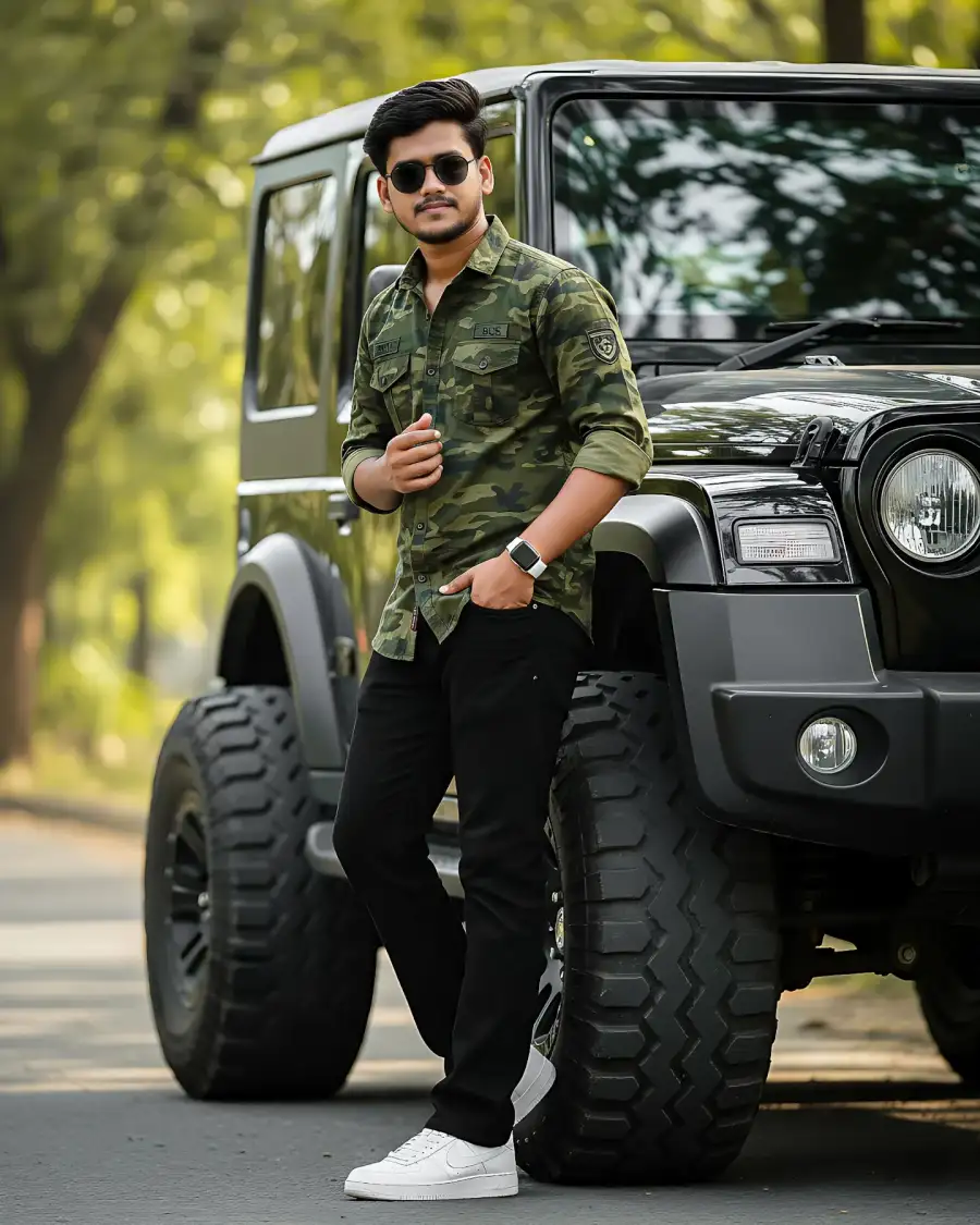 Gemini Boys Standing With Mahindra Thar Prompts