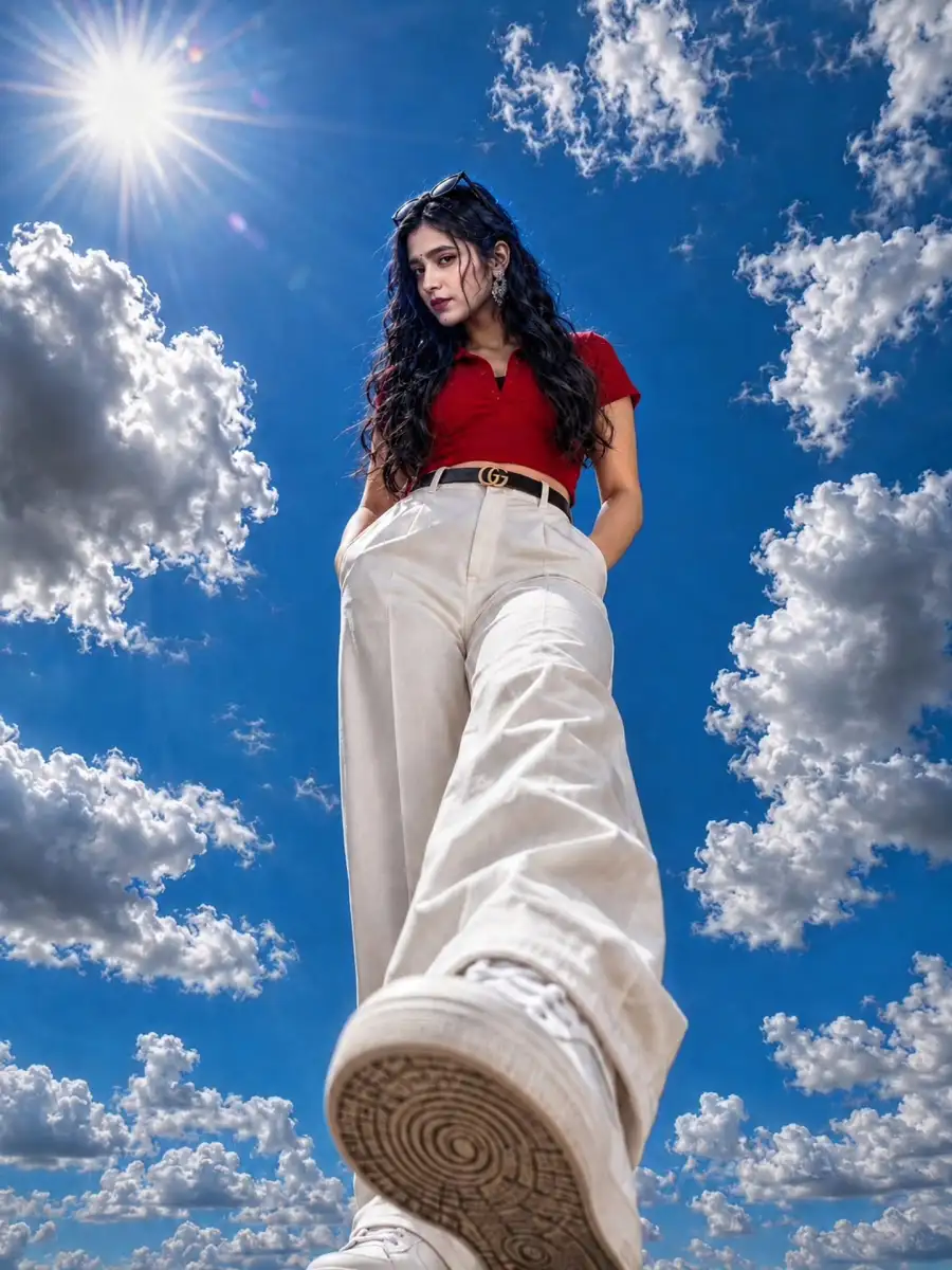Gemini Girl Low Angle Blue Sky Ai  Prompt - AI photo editing prompt image