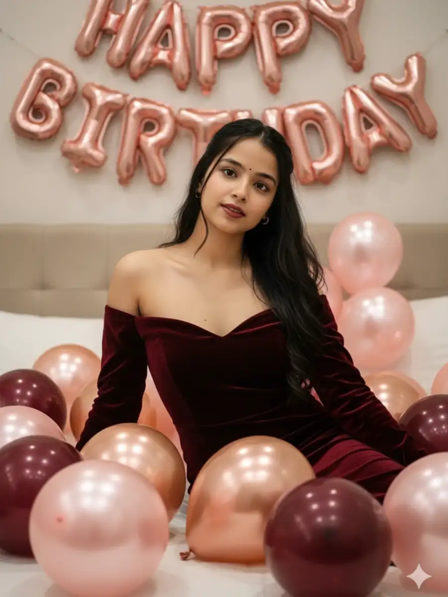 Gemini Girl On Bed Balloon Birthday Prompt - AI photo editing prompt image
