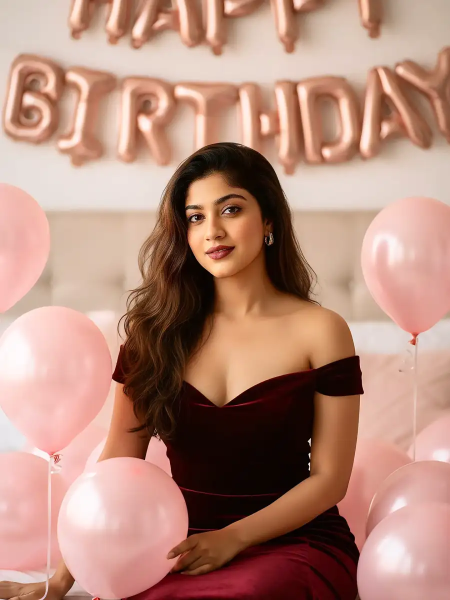 Gemini Girl On Bed Pink Balloons Birthday Prompt - AI photo editing prompt image