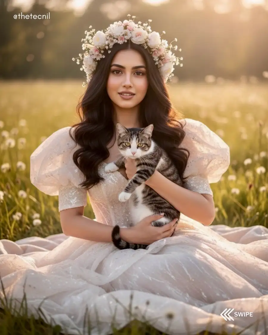 Gemini Girl Sitting Wears A Crown Of Flowers  Pormpts