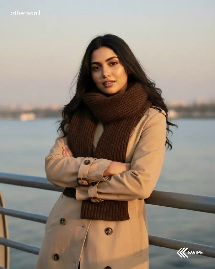 Gemini Girl Standing Near A Riverside Sunset Pormpts