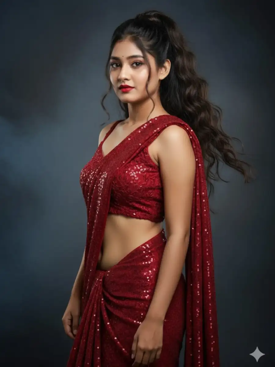 Gemini Girl Wearing A Deep Red Sequined Saree Pormpts