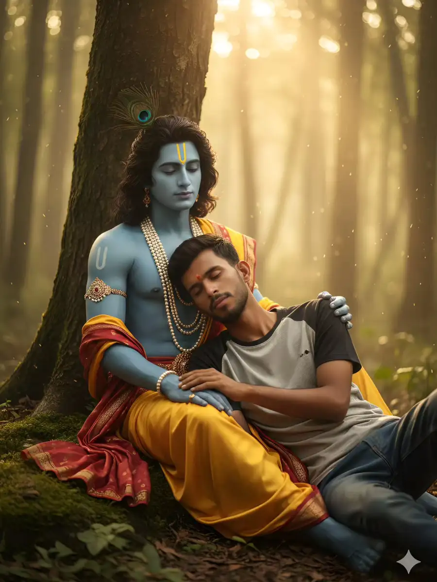 Gemini God Krishna With Boys Sleeping Ai Photo Editing Prompts - AI photo editing prompt image