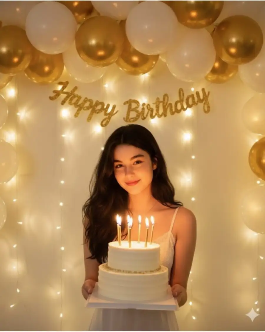 Gemini Woman With Cake Birthday Golden Decoratin  Prompts - AI photo editing prompt image