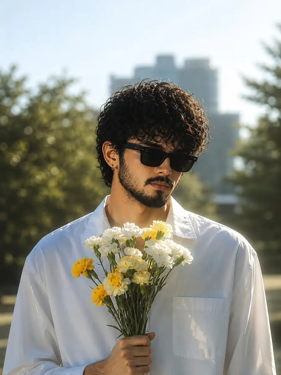 Man With Curly Dark Hair With Flowers Prompts - AI photo editing prompt image