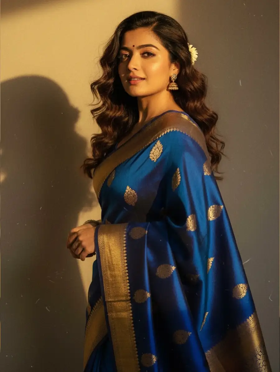 Retro Gemini Girl Chiffon Royal Blue Saree Prompt - AI photo editing prompt image