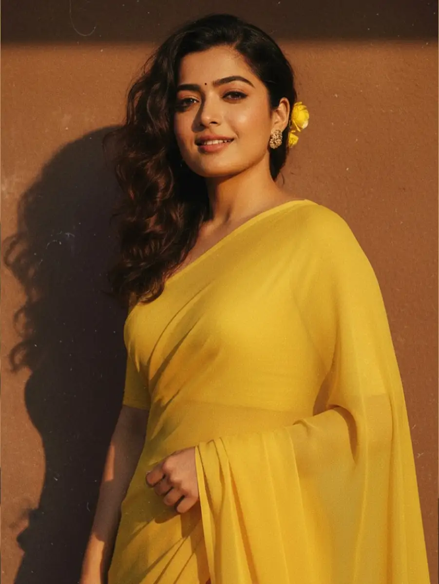 Retro Gemini Girl Plain Chiffon Saree Yellow Color  Prompt - AI photo editing prompt image