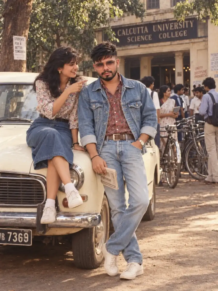 80s Look Couple Stiing On Vintage Cars Photo Editing Prompts