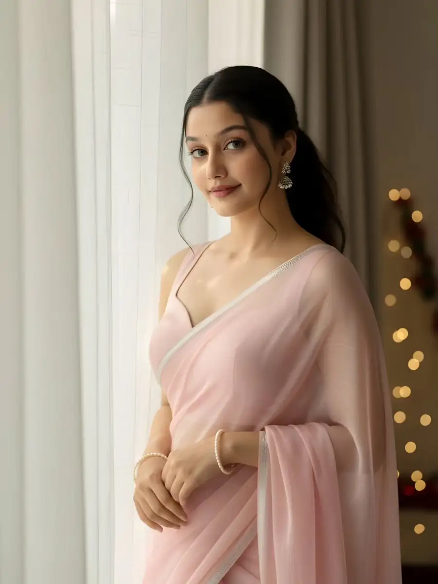 She Wears A Pastel Pink Chiffon Saree Prompts - AI photo editing prompt image